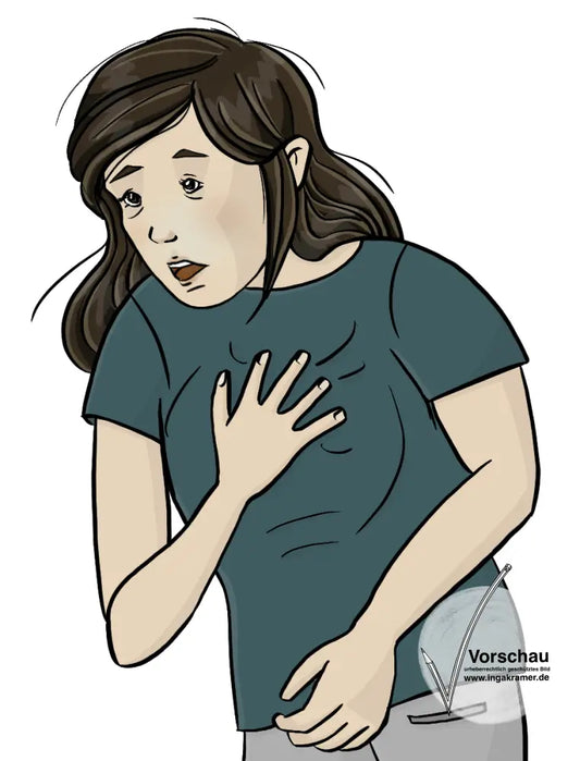 Eine Frau steht vorgebeugt, mit der Hand auf der Brust. Sie hat Mund und Augen weit geöffnet. Sie sieht blass aus.