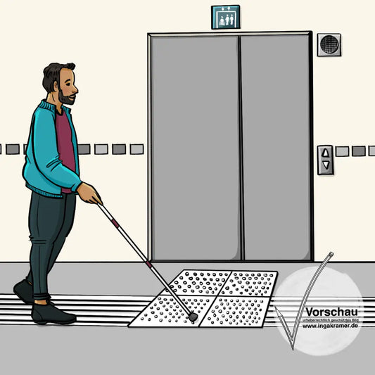 Ein Mann mit einem Leitstock geht auf einen Aufzug zu. Auf dem Boden ist ein taktilies Leitsystem.