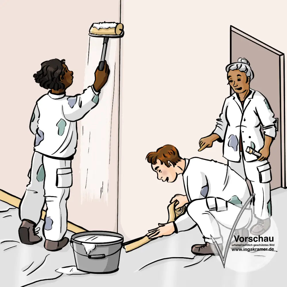 Eine junge Frau streicht eine Wand, ein junger Mann klebt die Wand ab und eine mittelalte Frau zeigt etwas. Alle tragen weiße Arbeitskleidung.