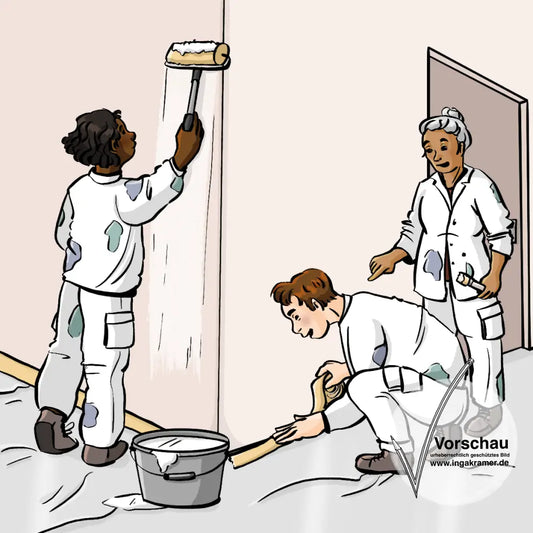 Eine junge Frau streicht eine Wand, ein junger Mann klebt die Wand ab und eine mittelalte Frau zeigt etwas. Alle tragen weiße Arbeitskleidung.