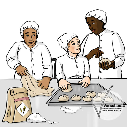 Drei Personen in weißer Kleidung und weißen Hauben kneten Teig und formen daraus Kugeln. Auf dem Tisch vor ihnen ist ein Backblech mit Teiggkugeln und eine Tüte Mehl.