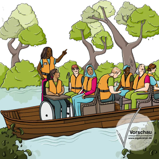 Eine Gruppe Menschen mit und ohne Behinderungen in einem langen Holzboot auf einem Fluss. Im Hintergrund sind Bäume.