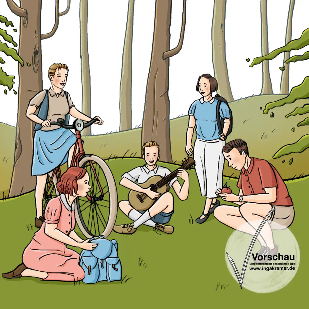 Eine Gruppe Jugendliche in Kleidung der 40er Jahre auf einer Waldlichtung. Sie haben Rucksäcke dabei. Ein Mädchen hält ein Fahrrad, ein Junge spielt Gitarre, ein Junge schält einen Apfel.