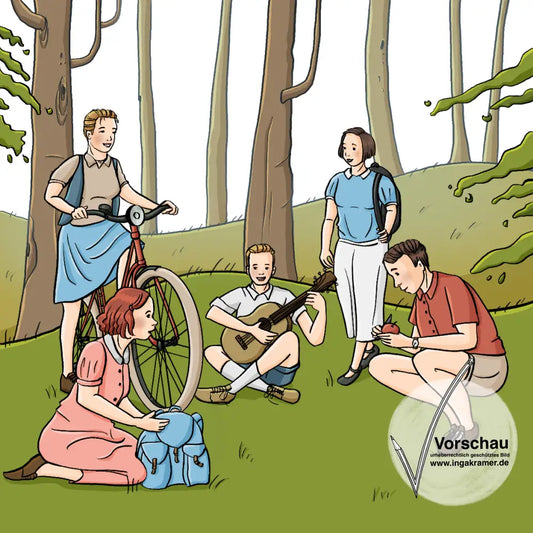Eine Gruppe Jugendliche in Kleidung der 40er Jahre auf einer Waldlichtung. Sie haben Rucksäcke dabei. Ein Mädchen hält ein Fahrrad, ein Junge spielt Gitarre, ein Junge schält einen Apfel.