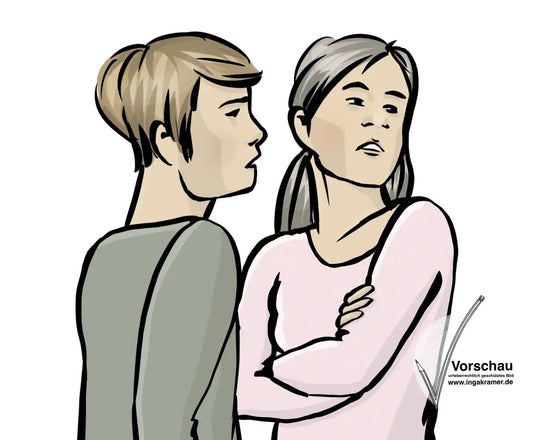 Ein Mann und eine Frau stehen dicht beieinander und reden miteinander. Sie schauen verächtlich in eine Richtung. Die Frau hat die Arme verschränkt.