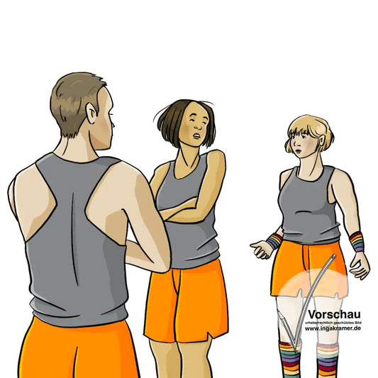 Drei Personen in Sportkleidung. Zwei der Personen stehen einander zugewandt, die Armer verschränkt. Sie schauen unfreundlich über die Schulter zu der dritten Person. Die dritte Person trägt Socken und Schweißbänder mit Regenbogenmuster.