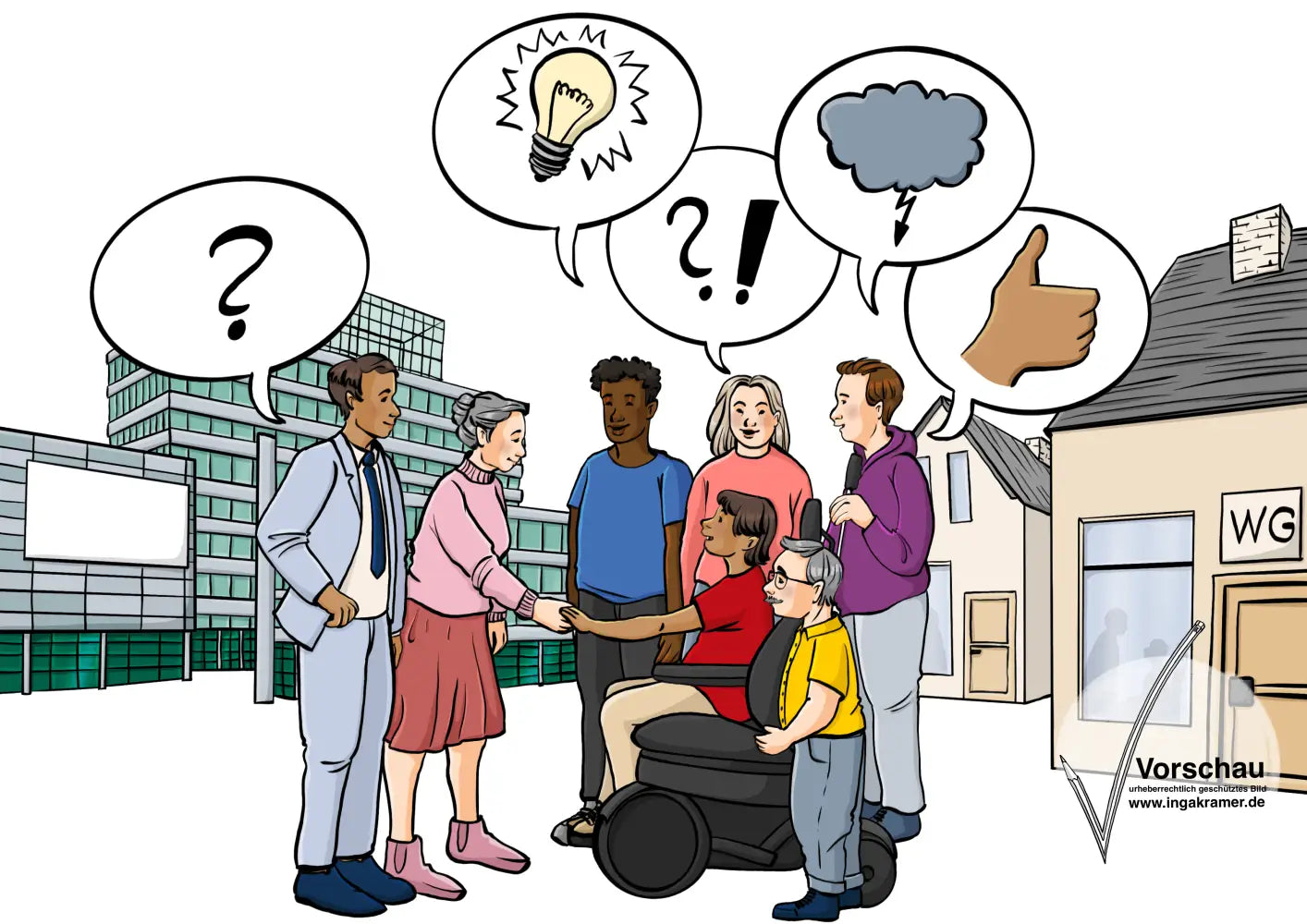 Zwei Menschengruppen stehen sich gegenüber und reden. Über den Gruppen sind Sprechblasen mit Symbolen: Fragezeichen und Ausrufezeichen, eine Glühbirne, eine Gewitterwolke und ein Daumen-hoch. Im Hintergrund sind Hochhäuser und kleinere Wohnhäuser.