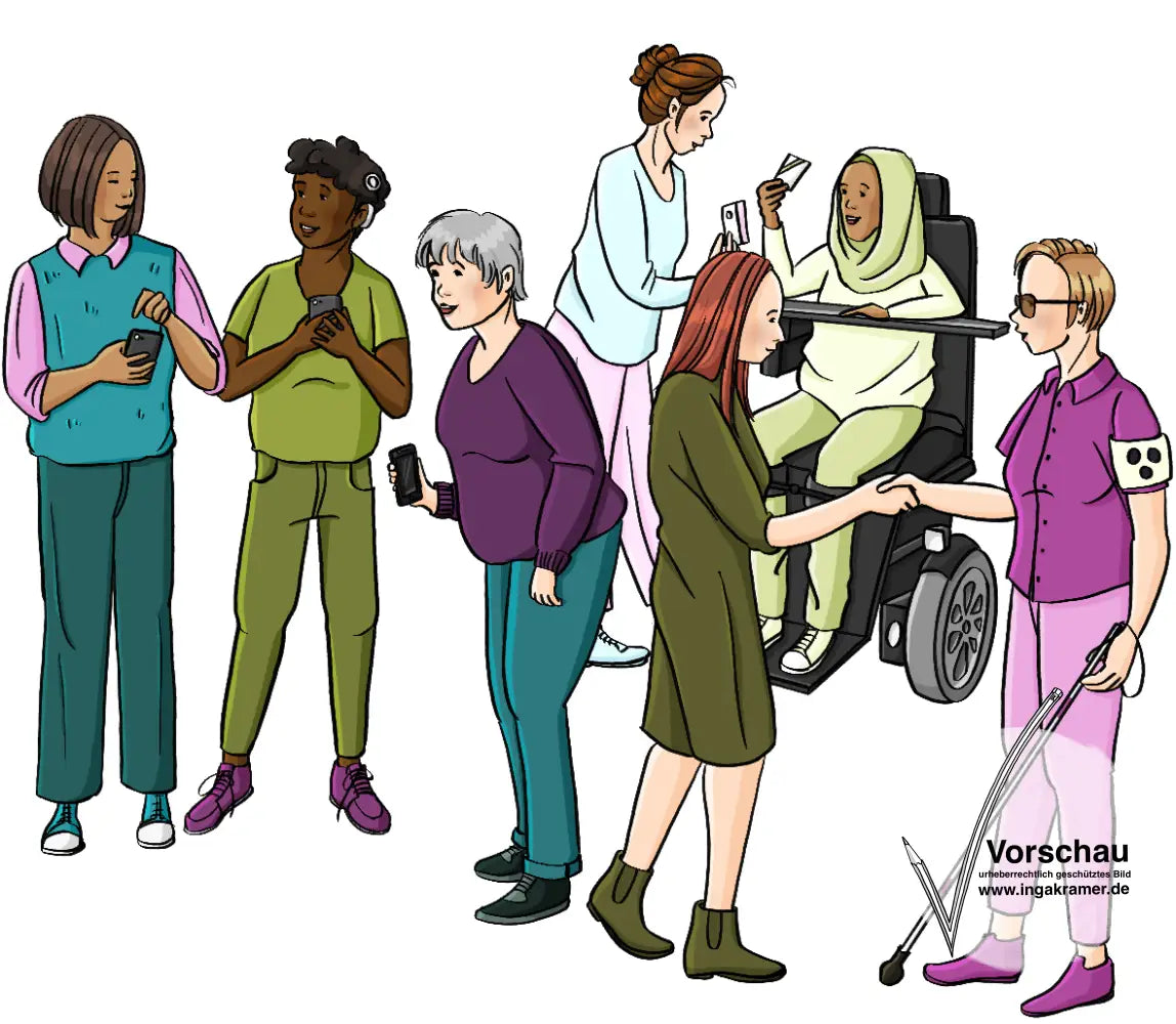 Eine Gruppe Frauen mit und ohne Behinderungen. Sie geben sich die Hand, tauschen Visitenkarten aus oder schreiben in ihr Smartphone.