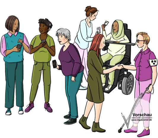 Eine Gruppe Frauen mit und ohne Behinderungen. Sie geben sich die Hand, tauschen Visitenkarten aus oder schreiben in ihr Smartphone.
