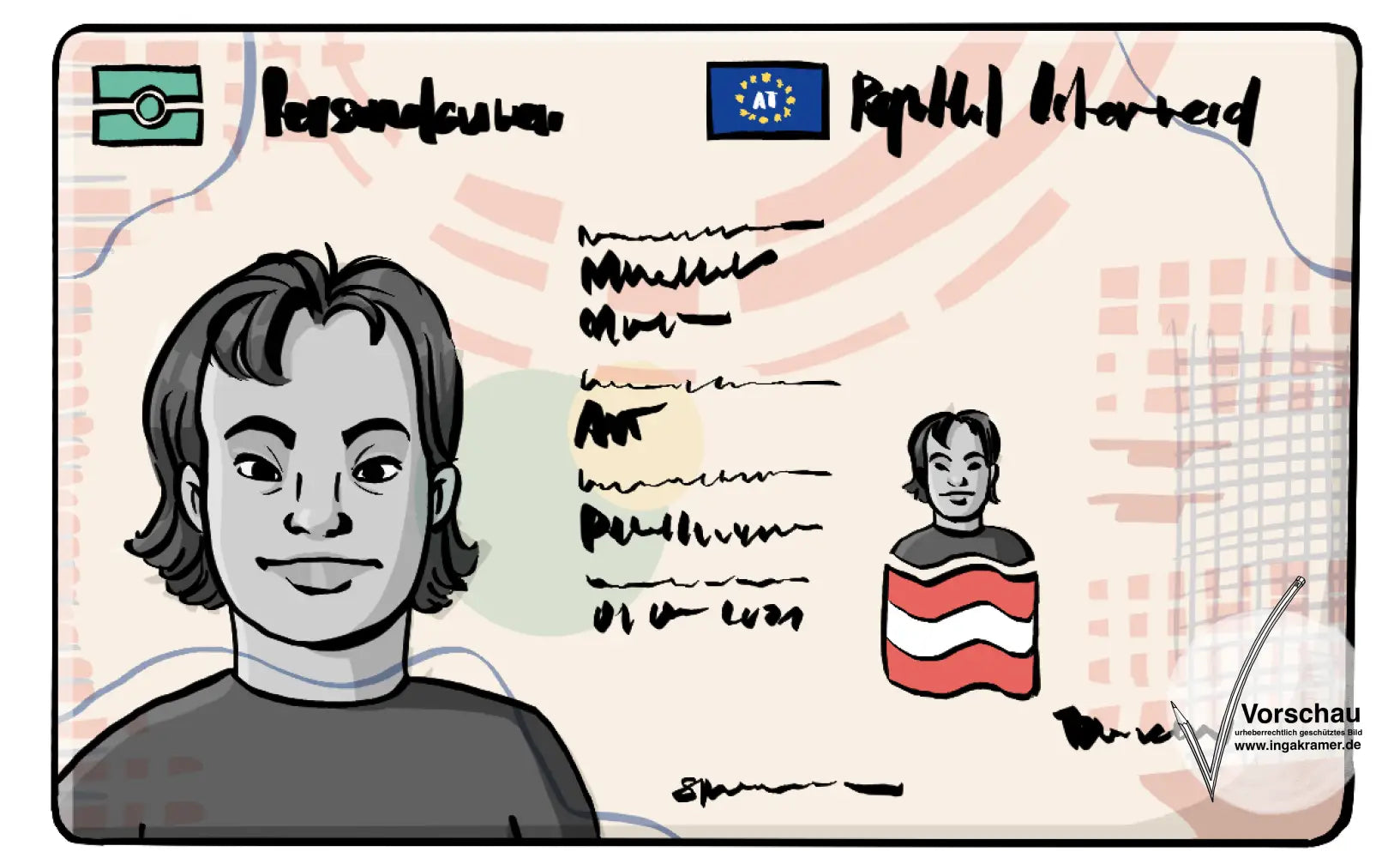 Ein Personalausweis mit dem Gesicht einer Frau und der Österreichischen Flagge.