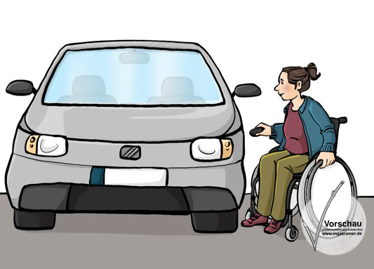 Eine Frau im Rollstuhl neben einem Auto. Sie hält einen Schlüssel in der Hand.