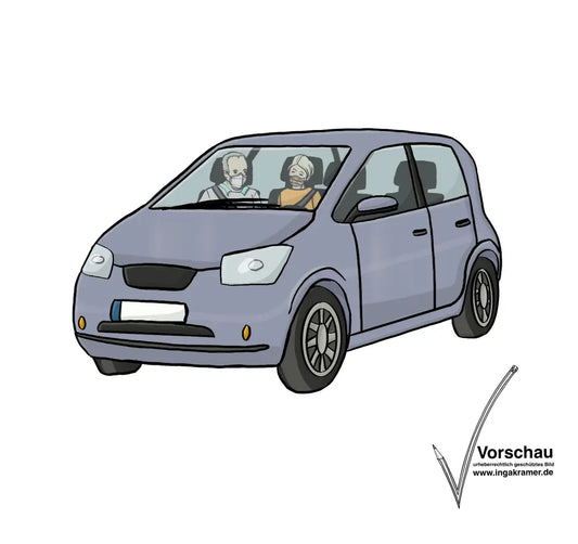Ein Mann und eine Frau sitzen im Auto. Sie tragen einen Mundschutz.