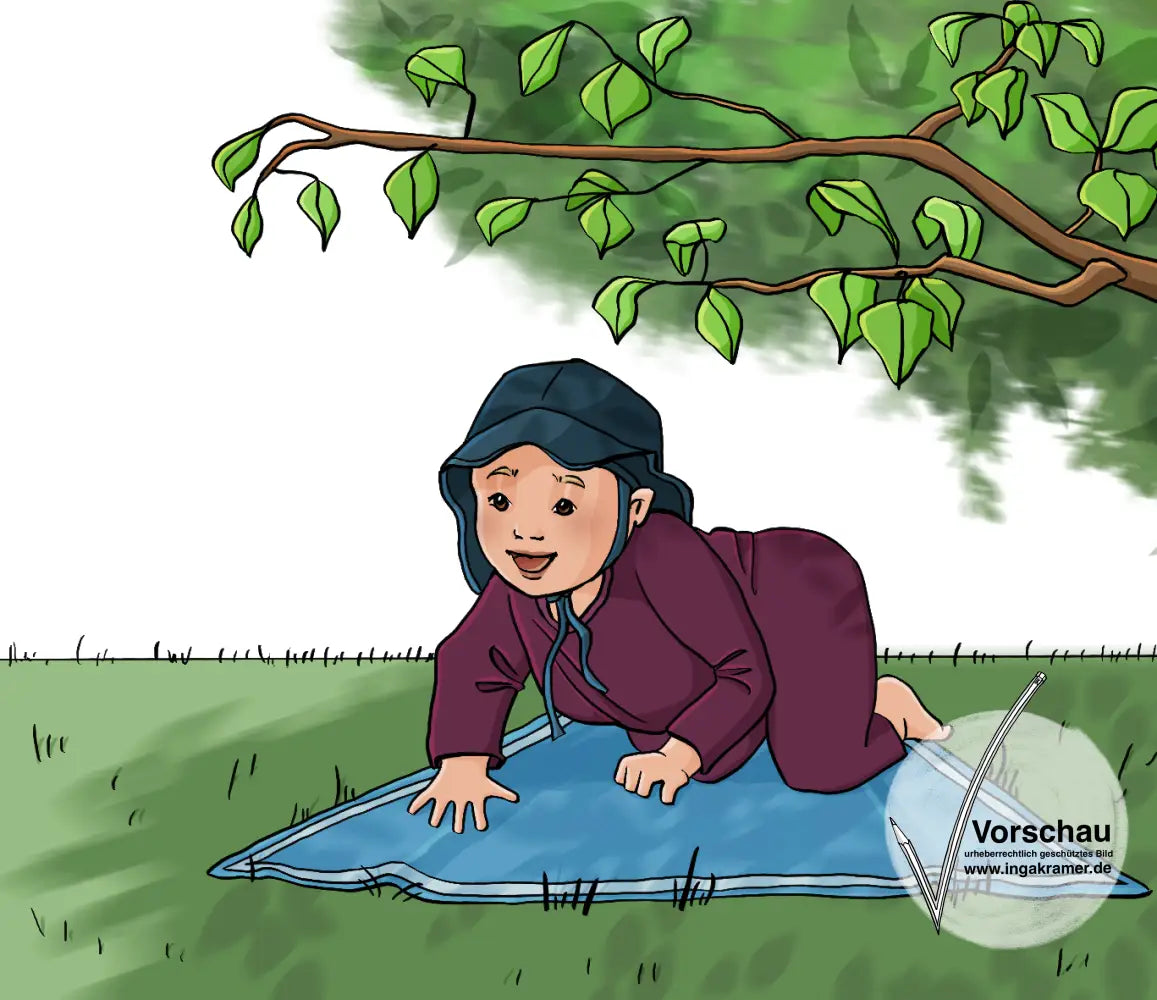 Ein Kind im Krabbelalter kniet im Vierfüßlerstand auf einer Decke unter einem Baum. Es trägt einen langärmligen Body und einen Sonnenhut. 