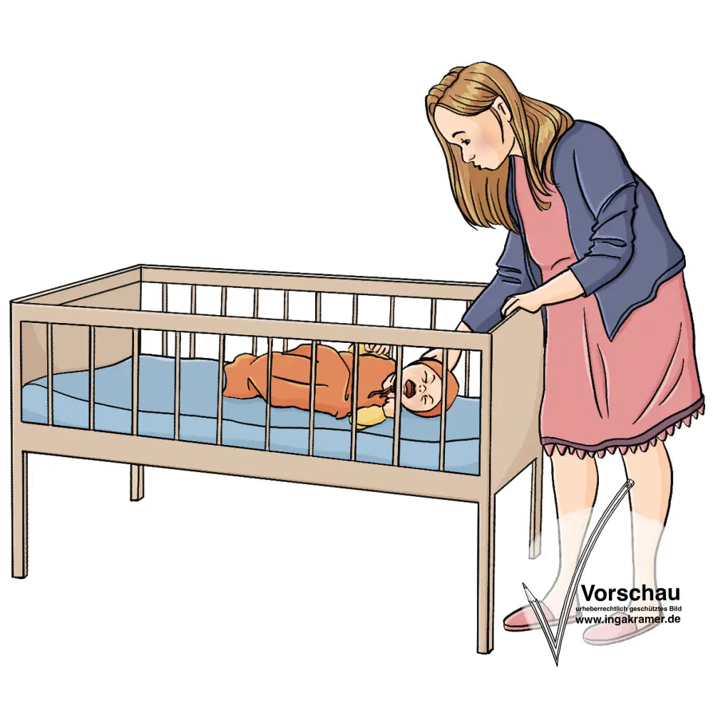Alternativtext: Ein Baby liegt in einem Gitterbett und weint. Eine Frau im Nachthemd beugt sich über das Bett.