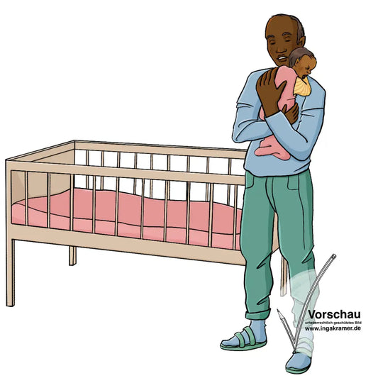 Ein Mann hält ein weinendes Baby auf dem Arm. Er steht vor einem Gitterbett.