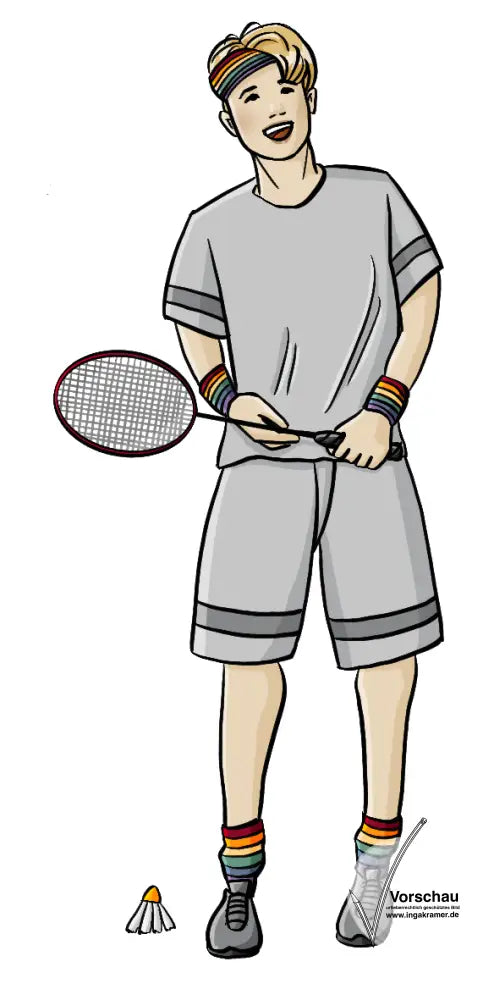 Eine Person mit kurzen Haaren in Sportkleidung. Sie hält einen Badmintonschläger und trägt Socken und Schweißbänder mit Regenbogenmuster. Auf dem Boden liegt ein Badmintonball.