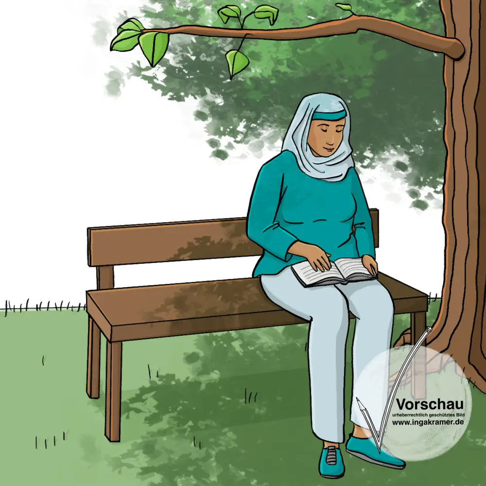 Eine Frau mit Kopftuch sitzt auf einer Bank im Schatten eines Baumes. Auf ihrem Schoß liegt ein Buch. 