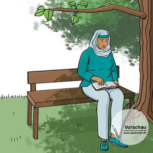 Eine Frau mit Kopftuch sitzt auf einer Bank im Schatten eines Baumes. Auf ihrem Schoß liegt ein Buch.