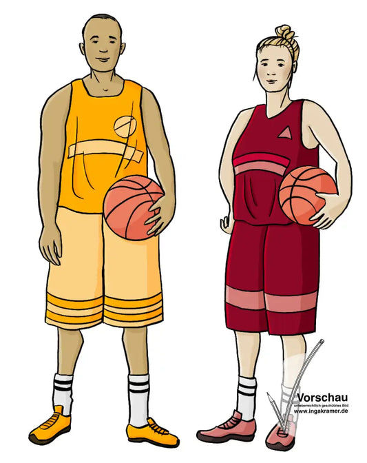 Ein Mann und eine Frau in Sportkleidung. Beide haben einen Basketball unter dem Arm.