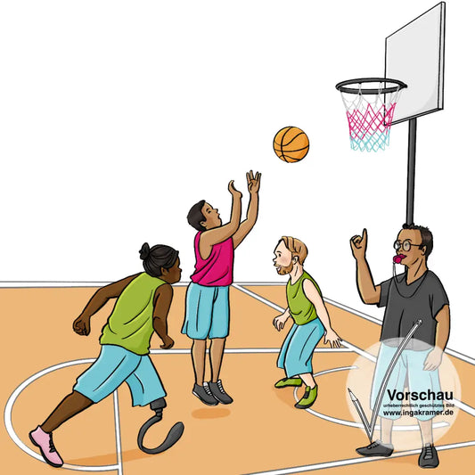 Eine Gruppe Menschen mit Behinderungen spielt zusammen Basketball. Eine Person hat eine Trillerpfeife im Mund.