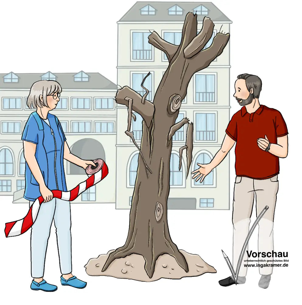 Ein Mann und eine Frau stehen neben einem morschen Baum. Der Mann zeigt auf den Baum, die Frau hält eine Rolle Absperrband in der Hand. Im Hintergrund ist ein Schulgebäude.
