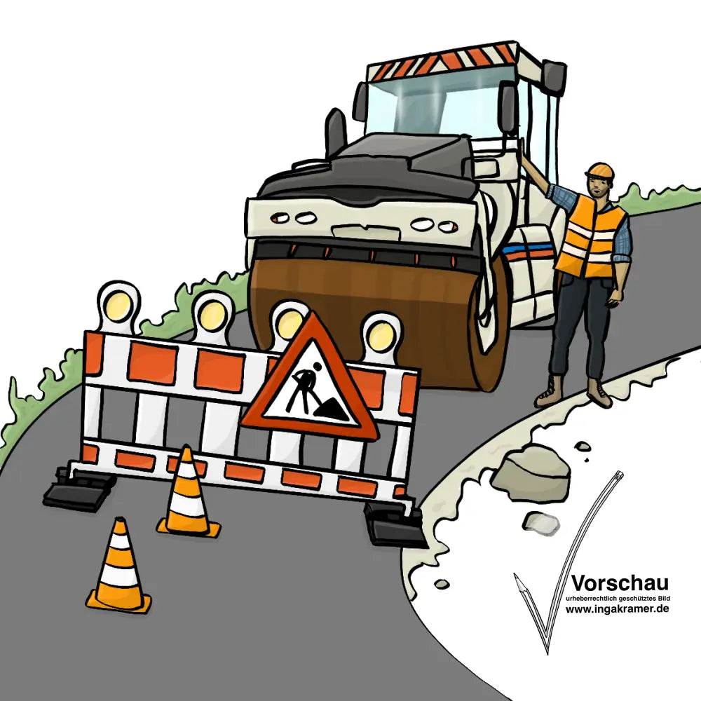 Ein Straßenarbeiter steht neben einer Straßen-Walze. Die Straße ist mit Baustellen-Schildern abgesperrt.