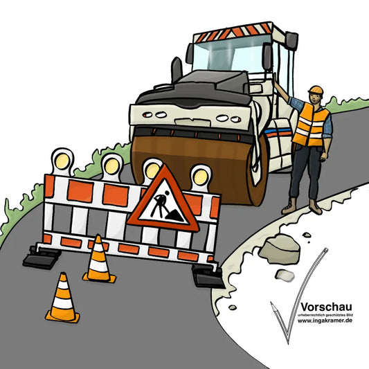 Ein Straßenarbeiter steht neben einer Straßen-Walze. Die Straße ist mit Baustellen-Schildern abgesperrt.