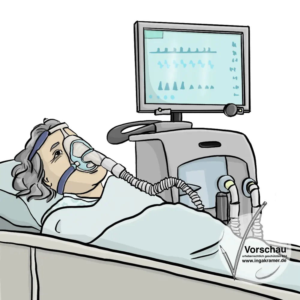 Eine ältere Frau liegt in einem Intensiv-Bett. Sie trägt eine Sauerstoff-Maske. Neben dem Bett steht ein Beatmungsgerät.