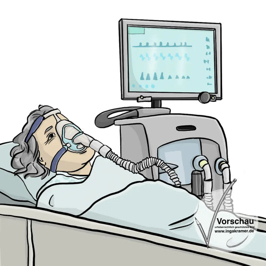 Eine ältere Frau liegt in einem Intensiv-Bett. Sie trägt eine Sauerstoff-Maske. Neben dem Bett steht ein Beatmungsgerät.