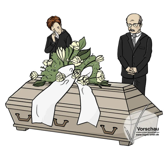Ein Mann und eine Frau stehen hinter einem Sarg. Sie tragen schwarze Kleidung. Die Frau wischt sich die Augen mit einem Taschentuch. Der Mann hat die Hände gefaltet. Auf dem Sarg ist ein Blumen-Gesteck.