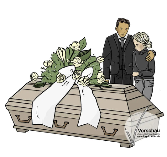 Ein Mann und eine Mädchen stehen hinter einem Sarg. Sie tragen schwarze Kleidung und schauen traurig. Der Mann hat den Arm um das Mädchen gelegt. Auf dem Sarg ist ein Blumen-Gesteck.