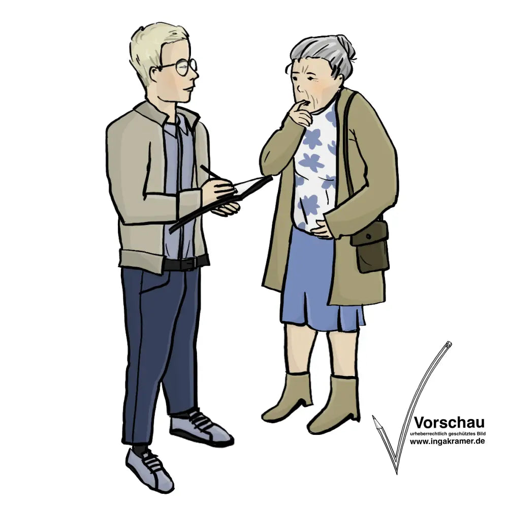 Ein Mann mit einem Klemmbrett steht neben einer älteren Frau und schreibt etwas auf. Die Frau hat nachdenklich den Finger an den Mund gelegt. 