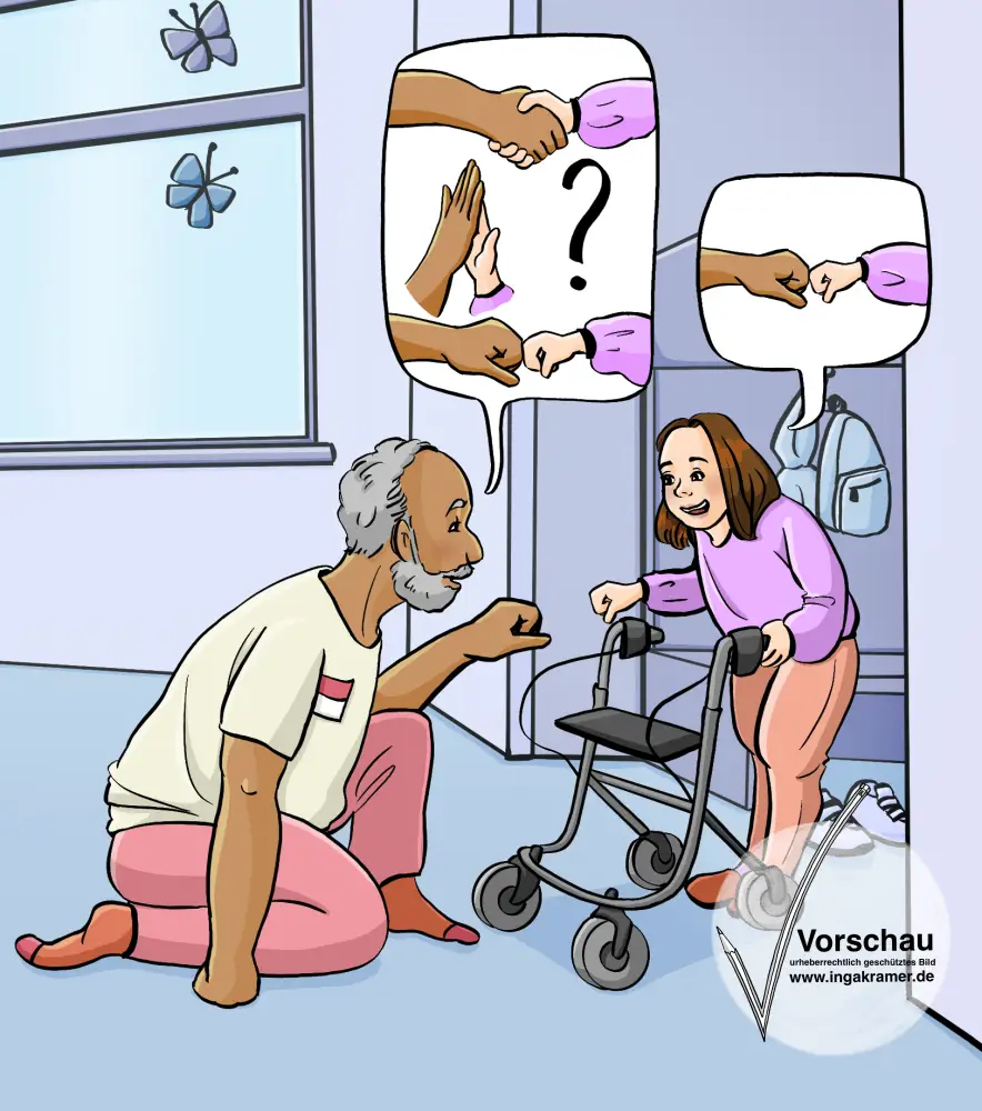Ein Mann mit Namensschild und ein Mädchchen mit Rollator strecken ihre Fäuste aufeinander zu. In Sprechblasen sind verschiedene Begrüßungsmöglichkeiten: Die Hand geben, mit den Händen einschlagen oder mit den Fäusten berühren.