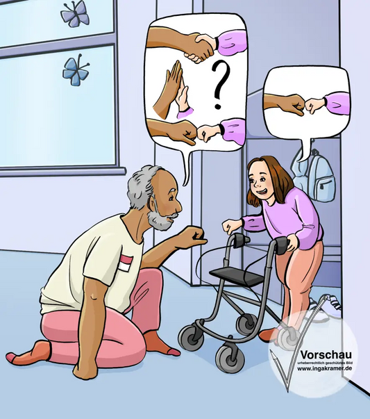 Ein Mann mit Namensschild und ein Mädchchen mit Rollator strecken ihre Fäuste aufeinander zu. In Sprechblasen sind verschiedene Begrüßungsmöglichkeiten: Die Hand geben, mit den Händen einschlagen oder mit den Fäusten berühren.