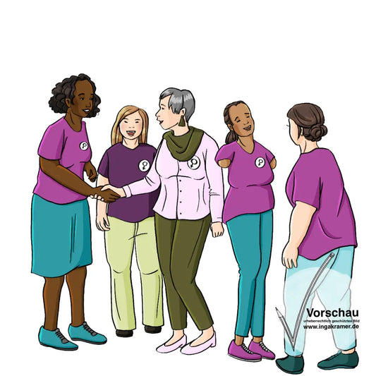 Eine Gruppe Frauen mit und ohne Behinderungen. Sie gehen aufeinander zu und geben sich die Hand. Alle tragen einen Button mit dem Venus-Symbol.