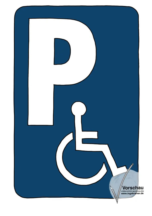 Ein blaues Schild. Auf dem Schild ist ein großes weißes P und ein Rollstuhl-Symbol.