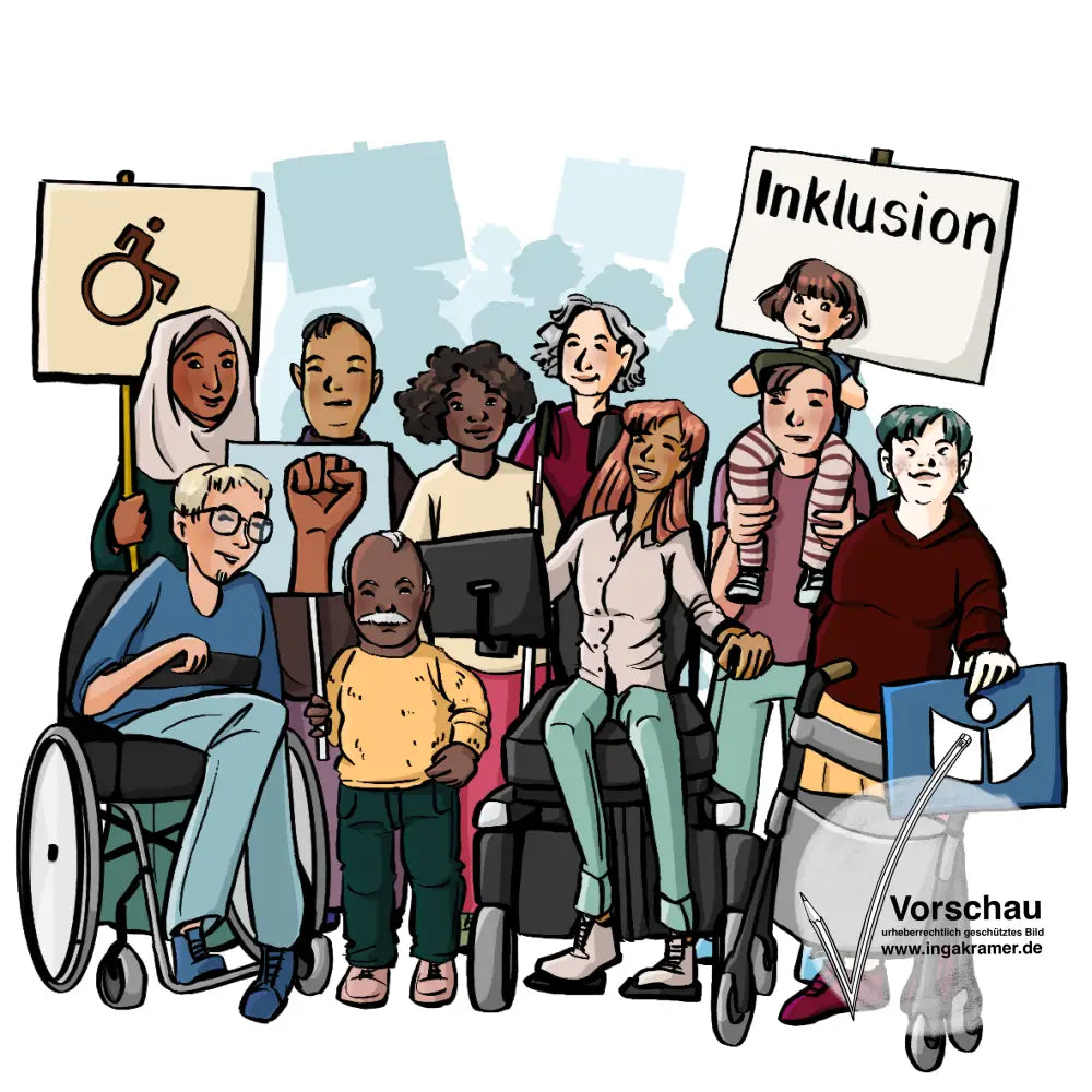 Eine Gruppe Menschen mit Behinderungen. Sie halten Schilder mit der Aufschrift Inklusion, einem Rollstuhlsymbol und dem Leichte-Sprache-Symbol.