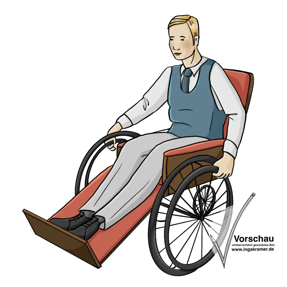 Ein Mann sitzt in einem Rollstuhl. Der Rollstuhl und die Kleidung des Mannes sind im Stil der 30er Jahre.