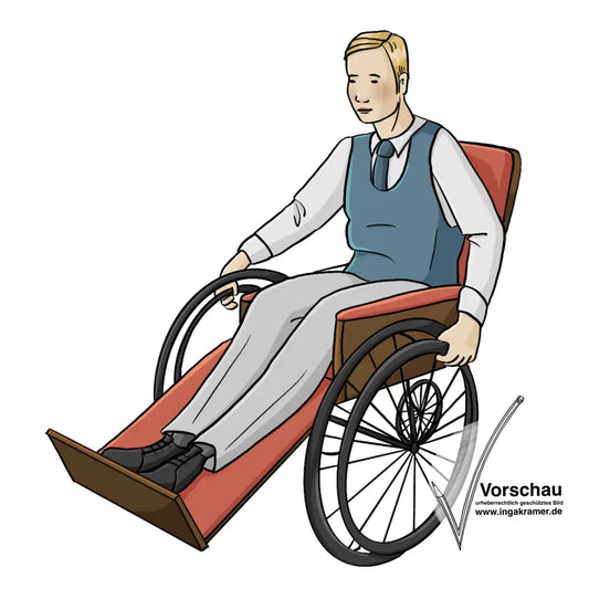 Ein Mann sitzt in einem Rollstuhl. Der Rollstuhl und die Kleidung des Mannes sind im Stil der 30er Jahre.