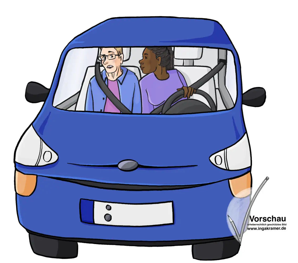 Eine Frau und ein Mann sitzen vorn im Auto, die Frau fährt. Sie rutscht nah an den Mann heran. Der Mann dreht sich weg.