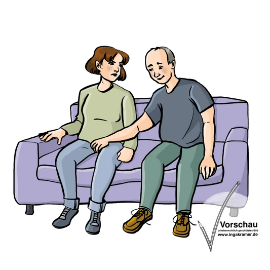 Eine Frau und ein Mann sitzen nebeneinander auf dem Sofa. Der Mann fasst der Frau in den Schritt. Die Frau guckt wütend.