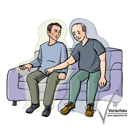 Zwei Männer sitzen nebeneinander auf dem Sofa. Ein Mann fasst dem anderen in den Schritt. Der andere Mann guckt wütend.