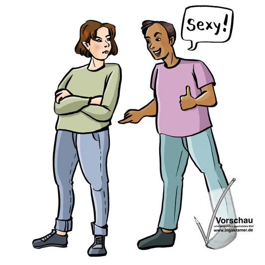 Eine Frau sagt: Sexy zu einer Frau. Die Frau guckt wütend.