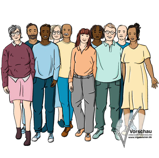 Eine Gruppe Männer und Frauen mit freundlichen Gesichtern und offener Körperhaltung.