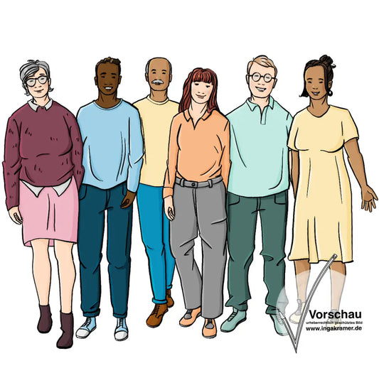 Eine Gruppe von 6 Männern und Frauen mit freundlichen Gesichtern und offener Körperhaltung.