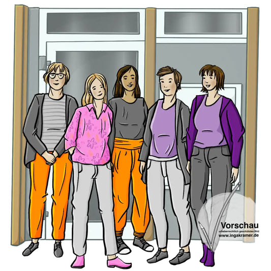 Fünf Frauen stehen vor dem Eingang einer Beratungs-Stelle.