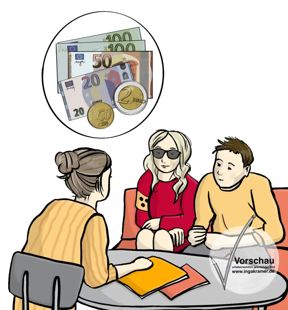 Eine blinde Frau und ein Mann sitzen an einem Tisch. Gegenüber sitzt eine Beraterin. Auf dem Tisch liegen Info-Hefte. Über dem Tisch ist ein weißer Kreis. Im Kreis ist Geld zu sehen. 