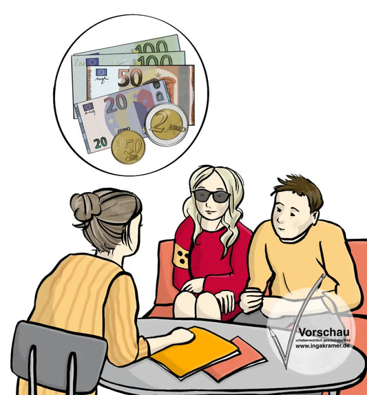 Eine blinde Frau und ein Mann sitzen an einem Tisch. Gegenüber sitzt eine Beraterin. Auf dem Tisch liegen Info-Hefte. Über dem Tisch ist ein weißer Kreis. Im Kreis ist Geld zu sehen.