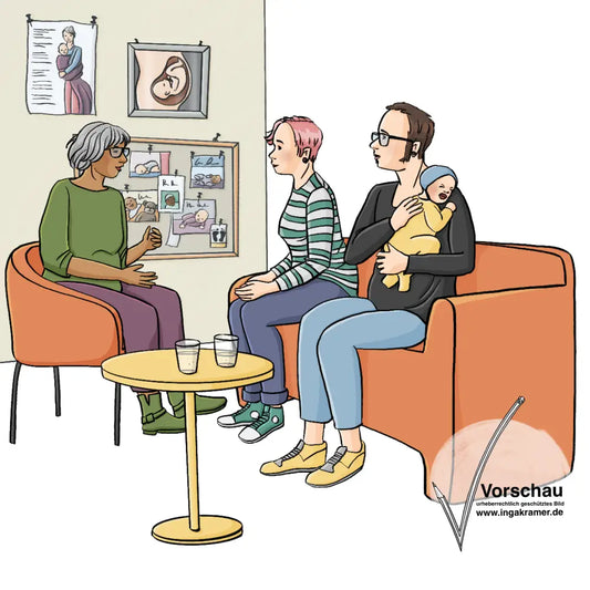 Eine Frau sitzt auf einem Sessel, gegenüber sitzen ein Mann und eine Frau auf einem Sofa. Der Mann hat ein schreiendes Baby auf dem Arm. In der Mitte steht ein Tisch mit Wassergläsern. An der Wand hängt eine Pinnwand mit Babyfotos, ein Bild von einer Frau mit einem Baby im Tragetuch und ein Bild von einem Baby im Bauch der Mutter.