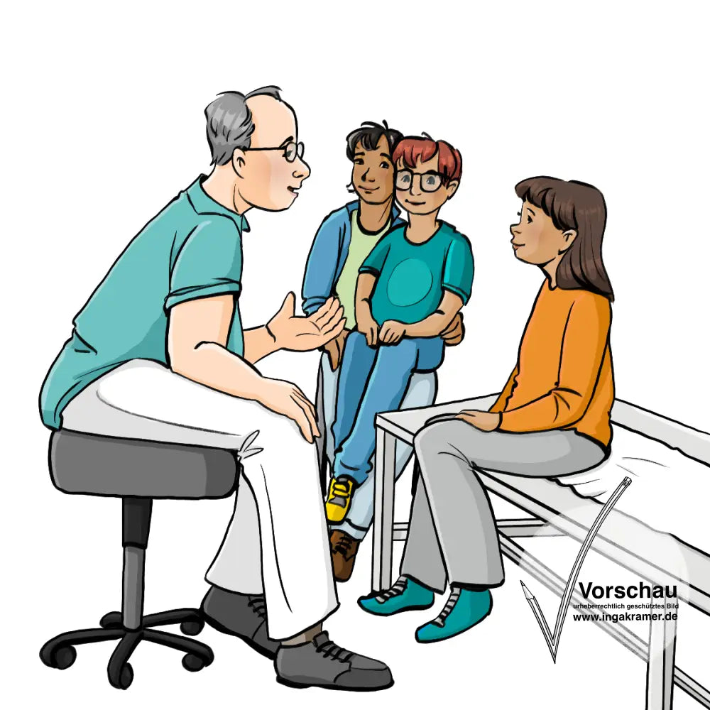 Ein Mädchen sitzt auf einer Untersuchungsliege, ihr gegenüber sitzt ein Arzt. Im Hintergrund sitzt eine Frau mit einem Jungen auf dem Schoß.